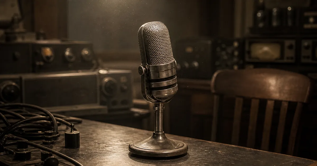 Gammal radiomikrofon på studiobord, symbol för sportreferatets ursprung i radion
